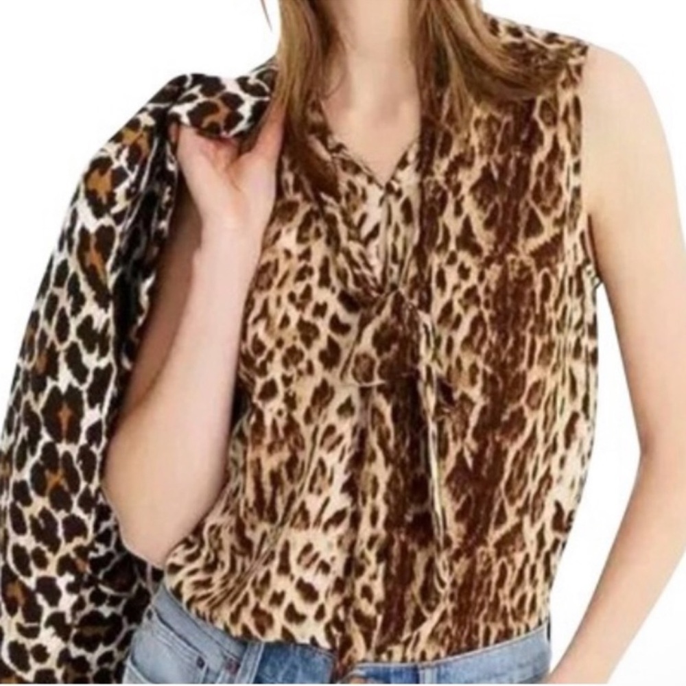 J. Crew Sleeveless Leopard Print Tie-Neck Top - Brown